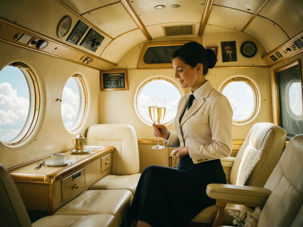 A vintage airplane cabin in gold and cream, a stewardess offering champagne, rou