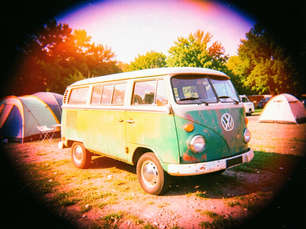 A vintage Volkswagen van parked at a campsite, its faded colors made vibrant by 