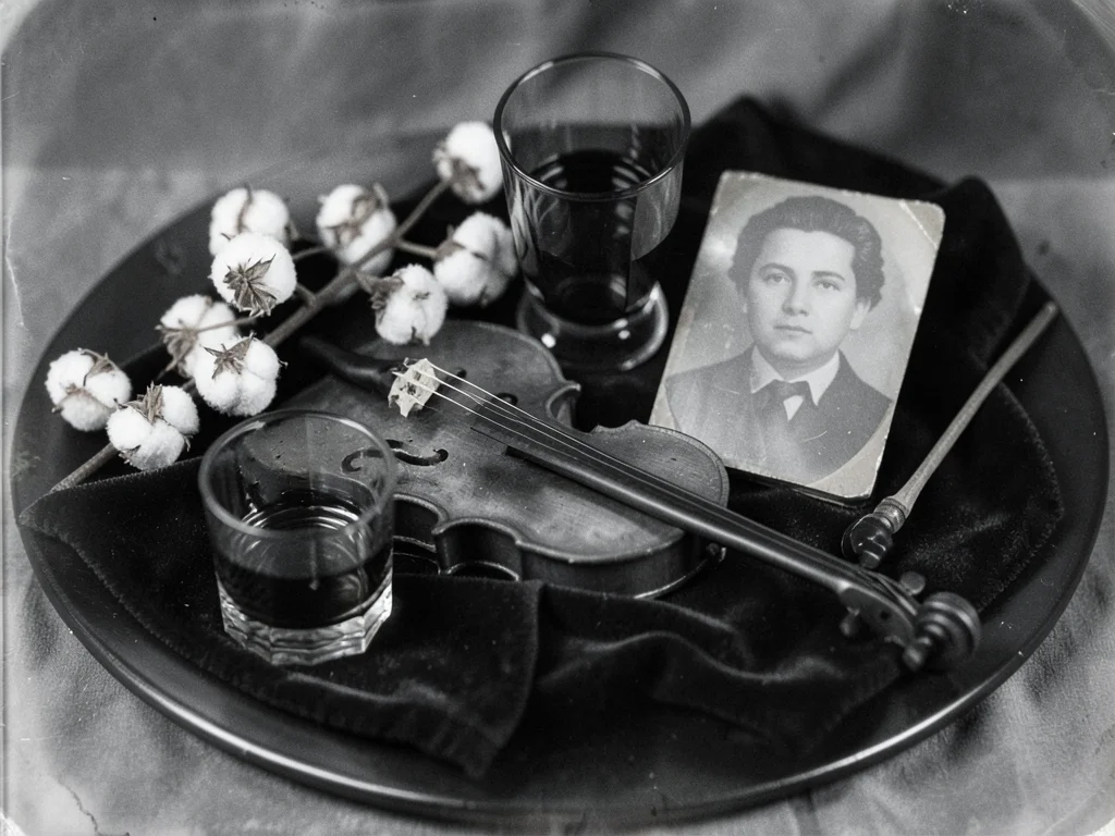 A fiddle laid flat on dark velvet cloth beside a bow, a half-empty whiskey glass