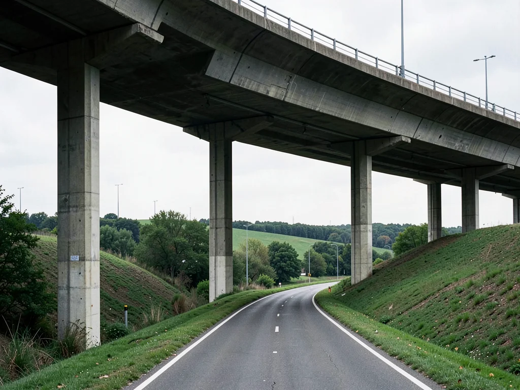 Highway interchange overpass — concrete columns, graded slopes of grass, no vehi