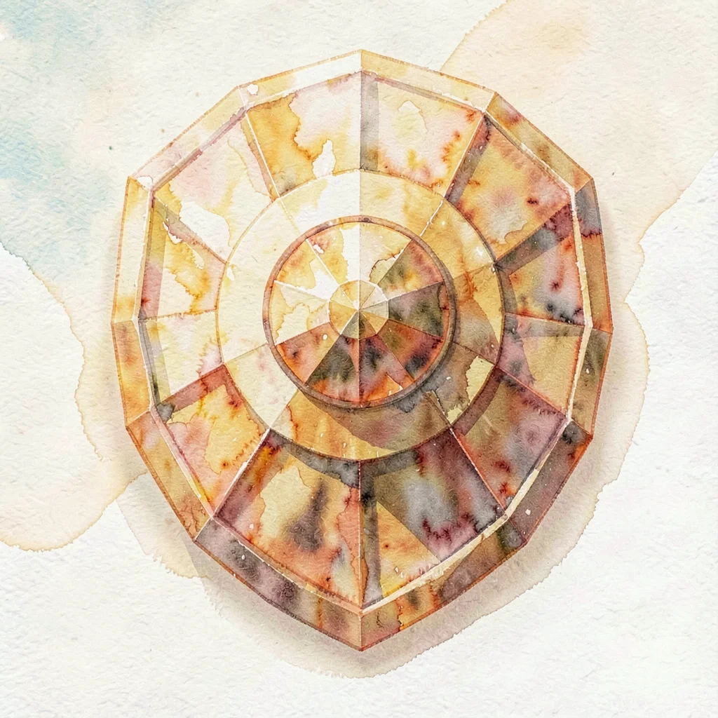 Massive amber lowpoly buckler shield with a circular faceted face and warm orang