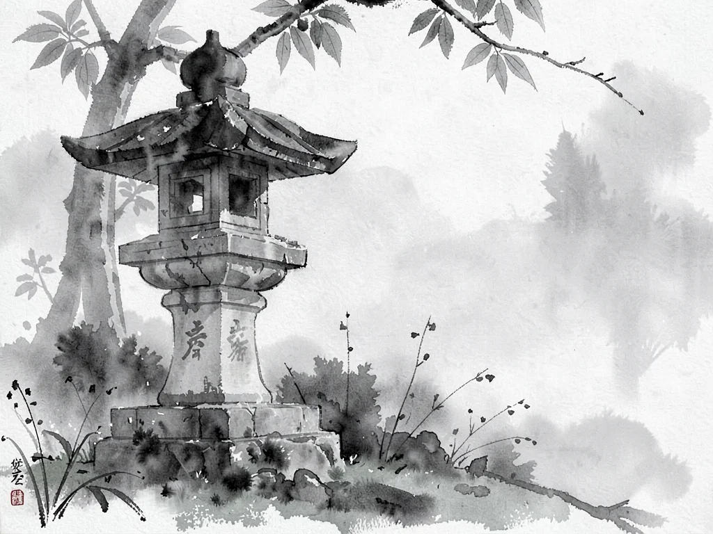 Stone lantern half-visible in garden fog