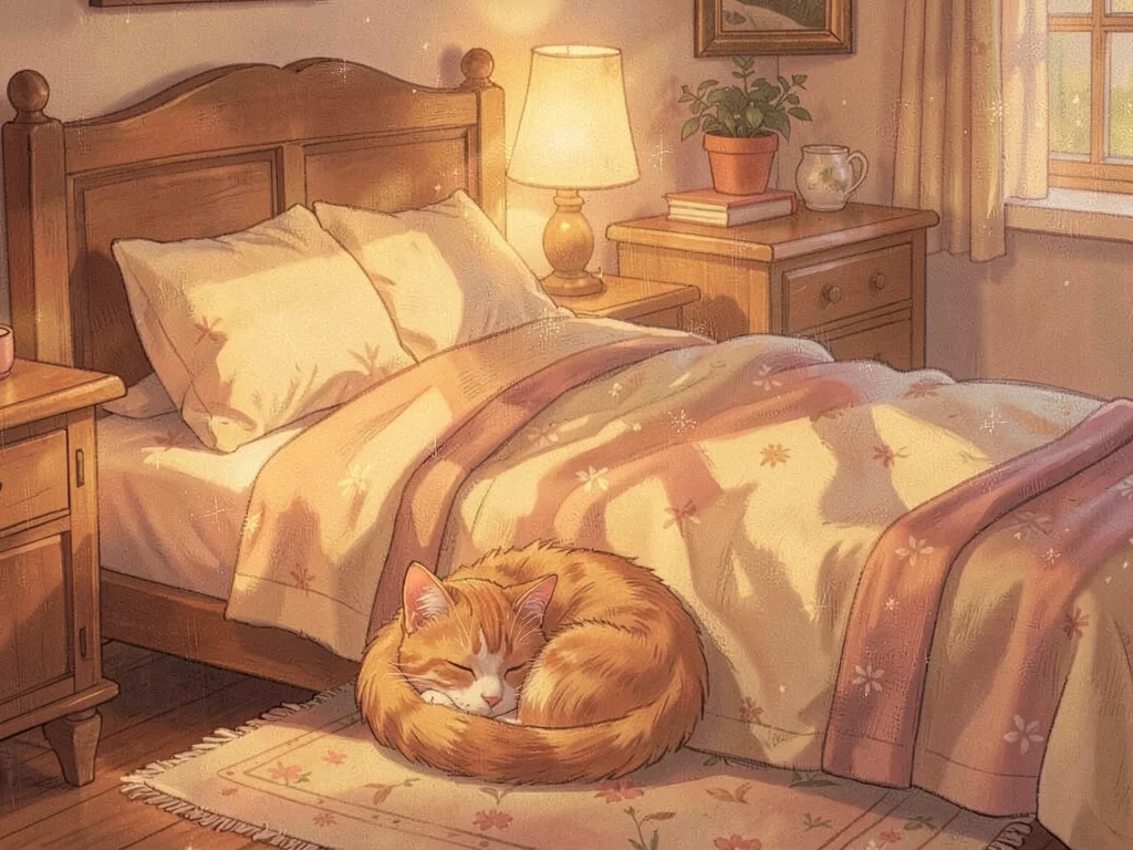 Cat curled at foot of bed