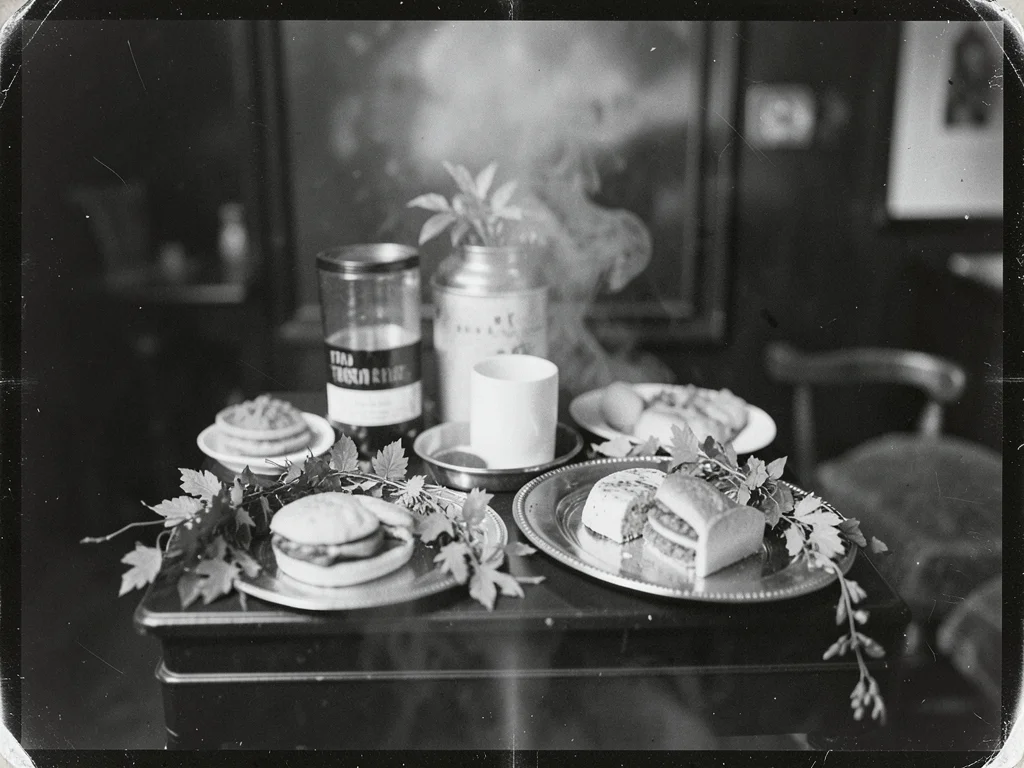 A Thanksgiving spread from a fast food restaurant arranged on silver platters wi