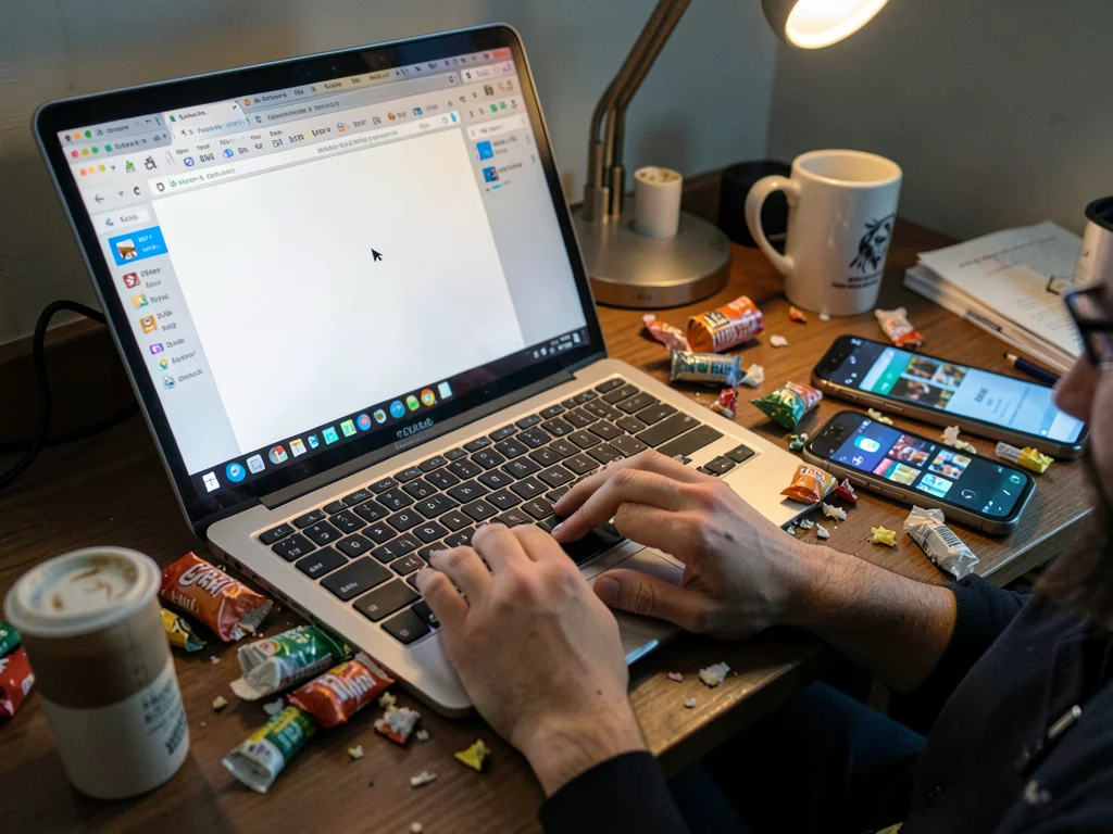Snack debris surrounding keyboard, cursor blinking in empty document