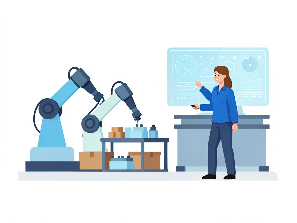 A factory floor with robotic arms assembling products, a supervisor watching a h