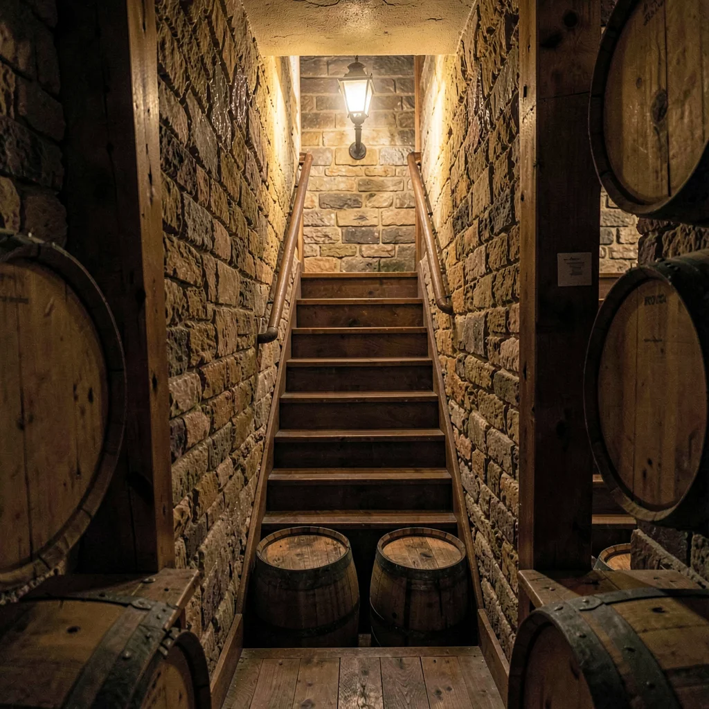 Vertical cellar staircase descending into warm lamplight with barrels visible at