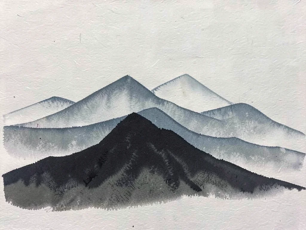 Mountain silhouette layered in soft overlapping ink blocks, morning fog