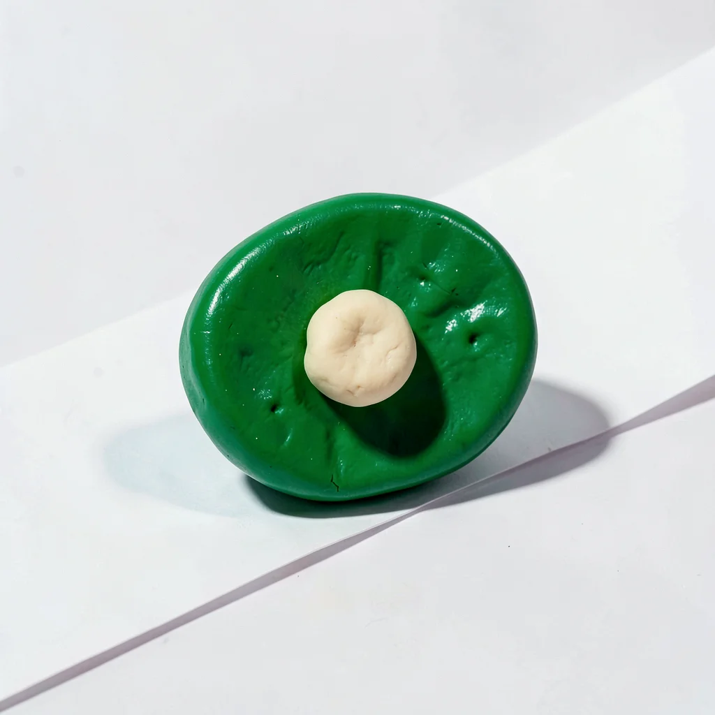 Vivid chunky clay slice of green grape with stubby cream-toned core and a squat 