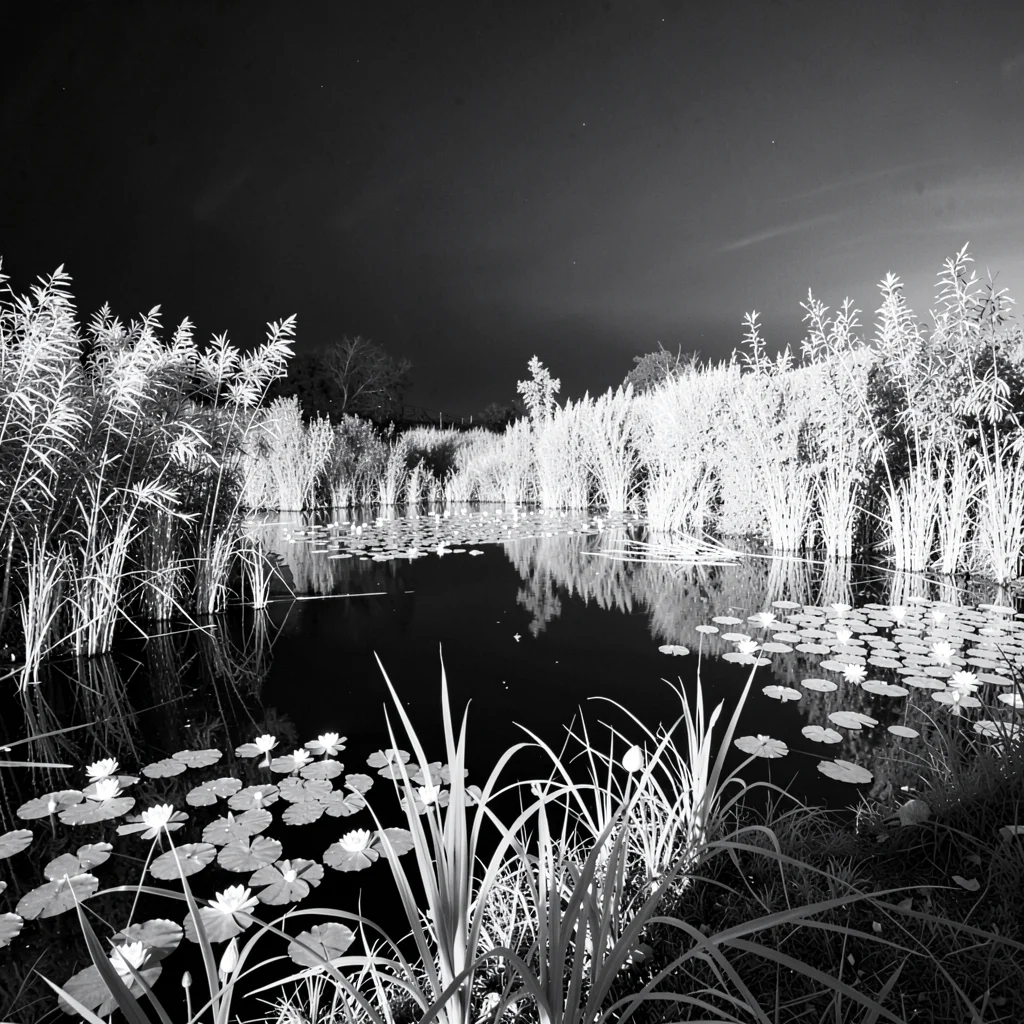 A pond edge with reeds — reeds luminous, dark water beyond, lily pads white on b