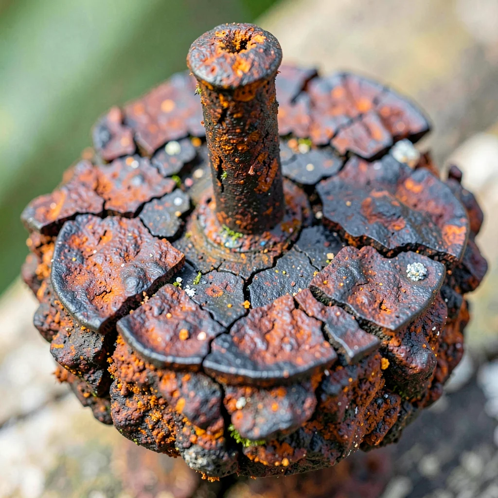 The surface of a rusting nail head, iron oxide forming mountain ranges and valle