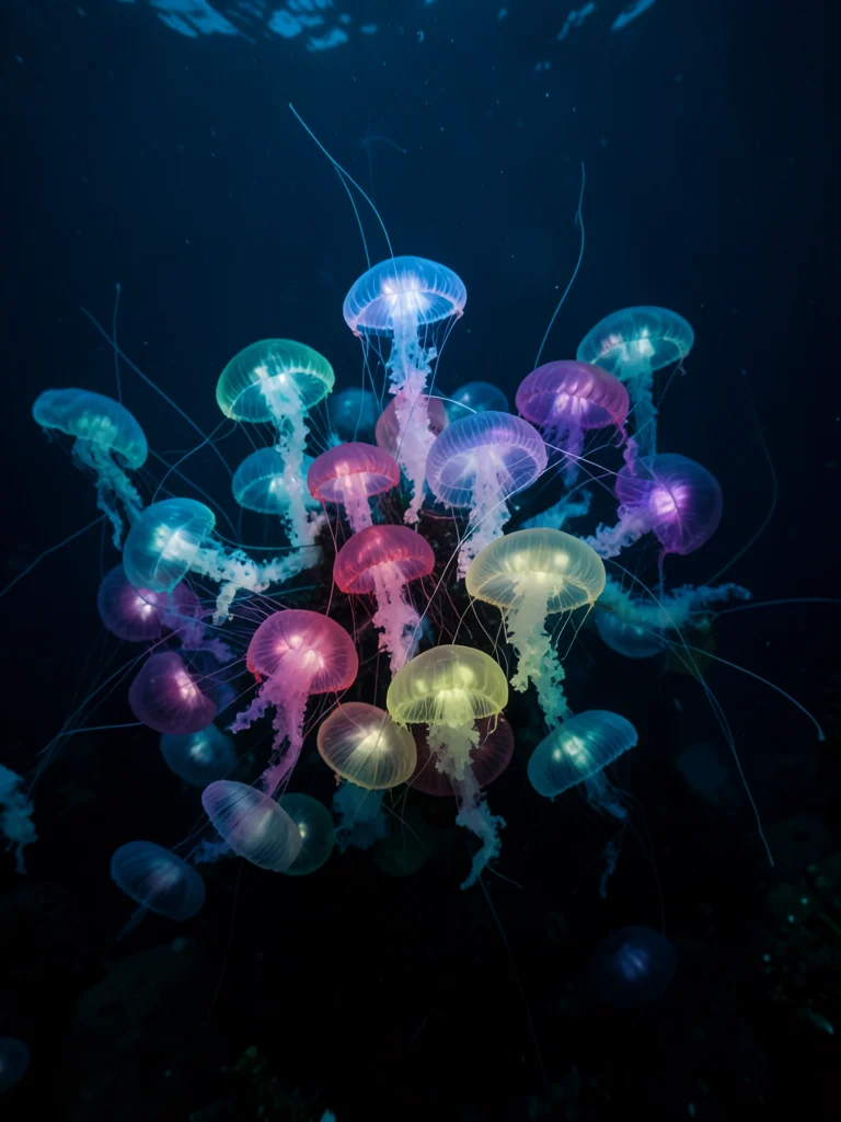 Jellyfish cluster glowing in deep ocean, varied colors, bioluminescent tentacles