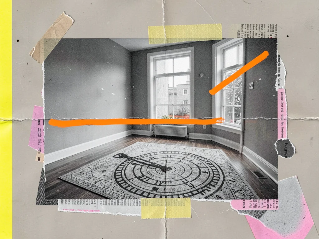Layered photographic collage of an empty staged living room photographed too per