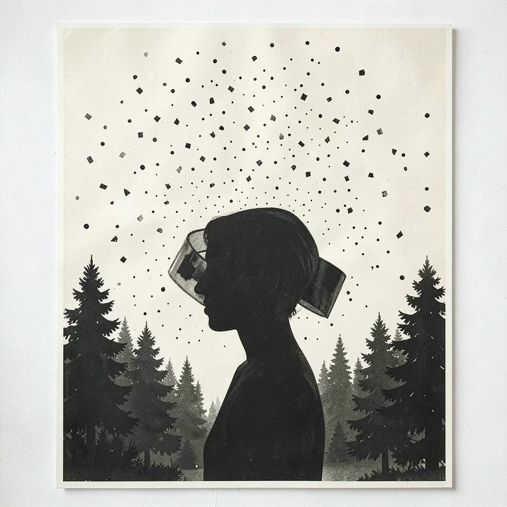 Riso poster of a finish-line tape silhouette in butter and forest spot inks over