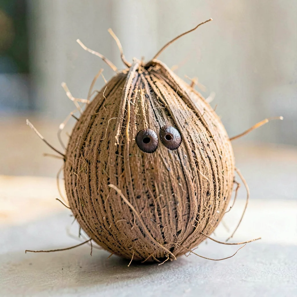 This single coconut sits upright showing a fibrous brown husk and three small da