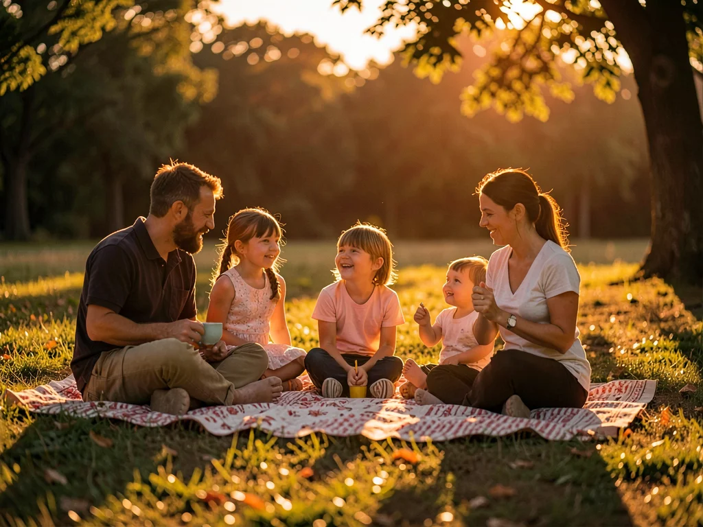Family picnic in late afternoon light
