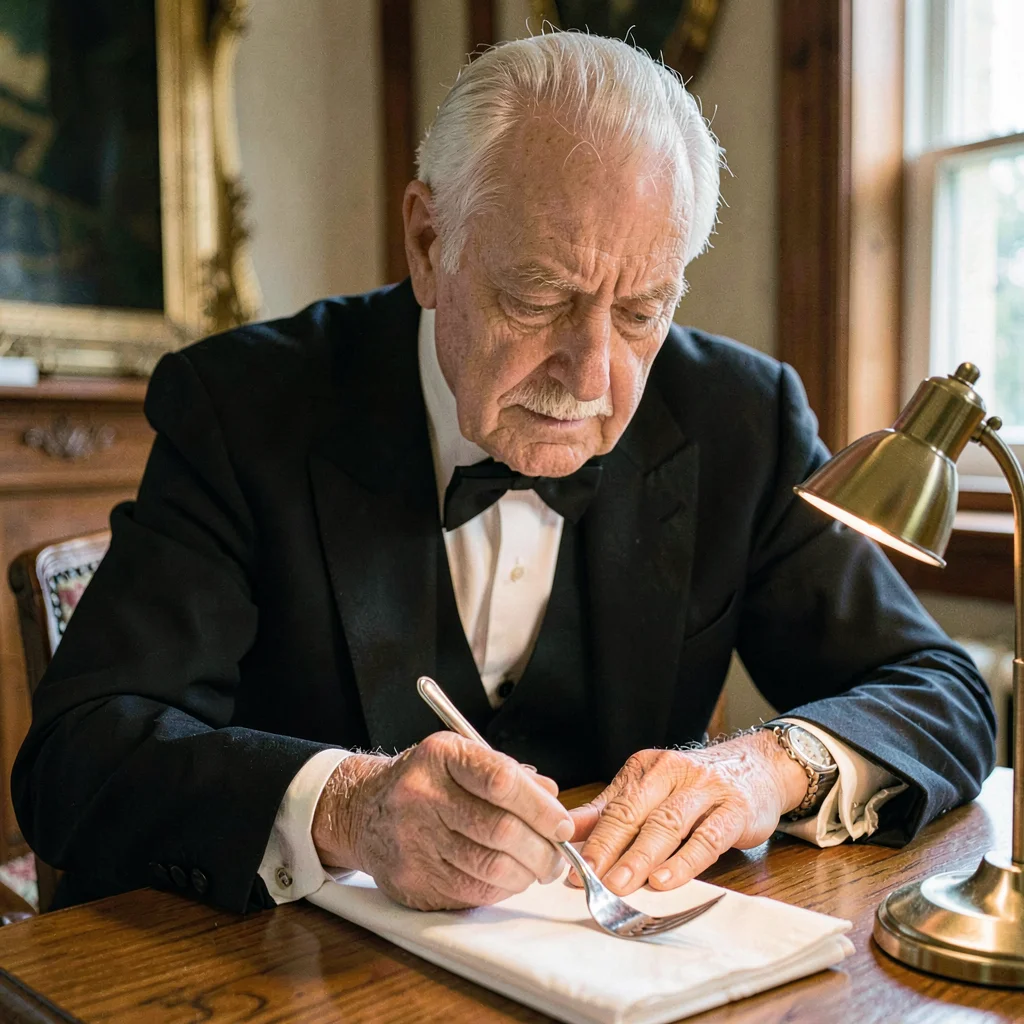 A patient white butler in his sixties laying a single silver fork on a folded na