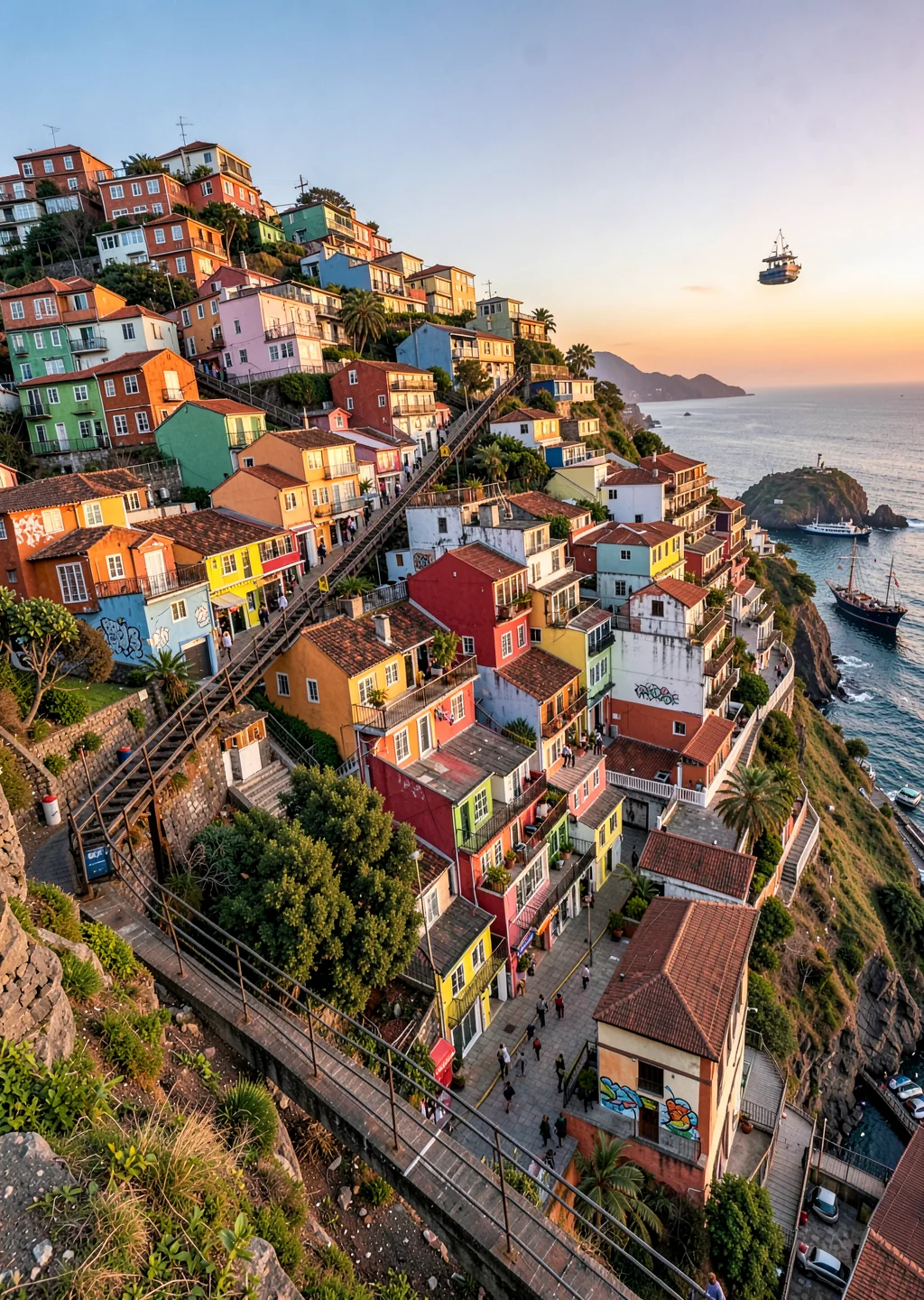 Impossible hill perspectives of Valparaíso, Chile, funicular ascending between c