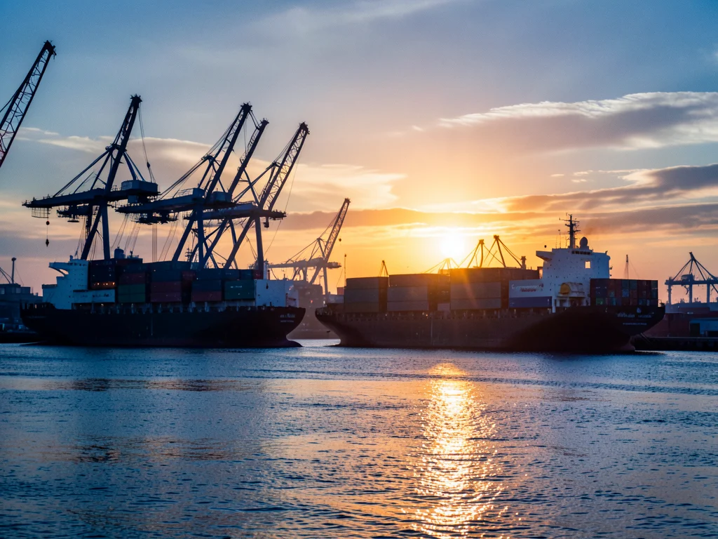 A port at sunset: cranes silhouetted, a container ship being loaded, the industr