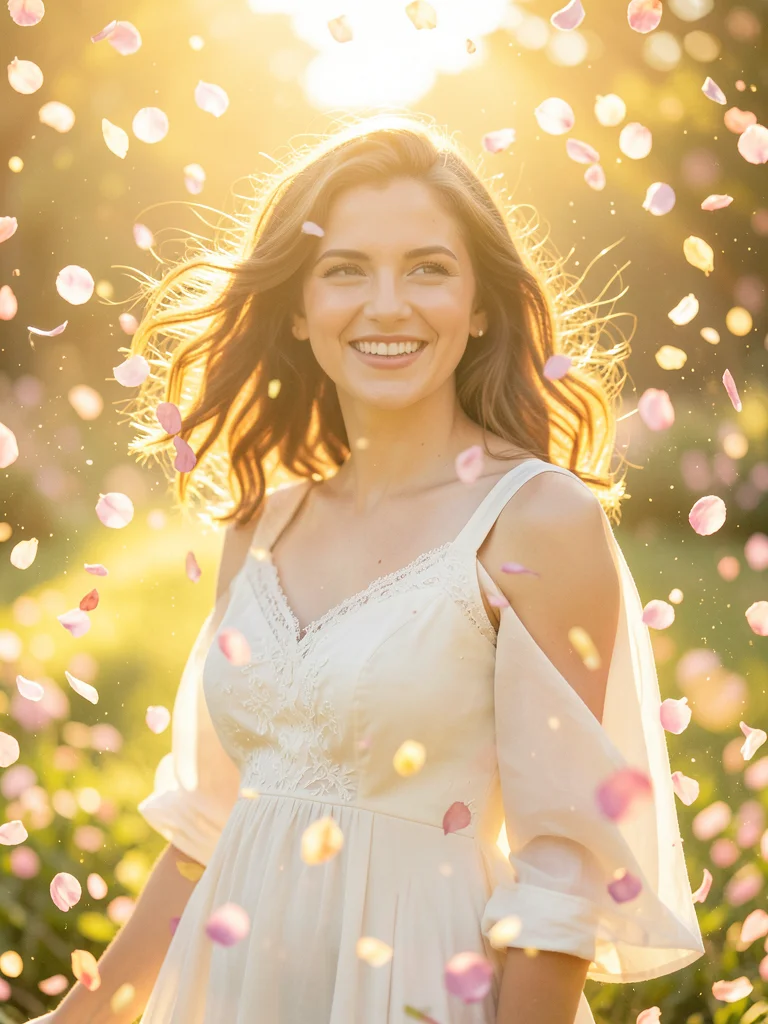 Joy weather — person surrounded by spontaneous golden light and floating flower 