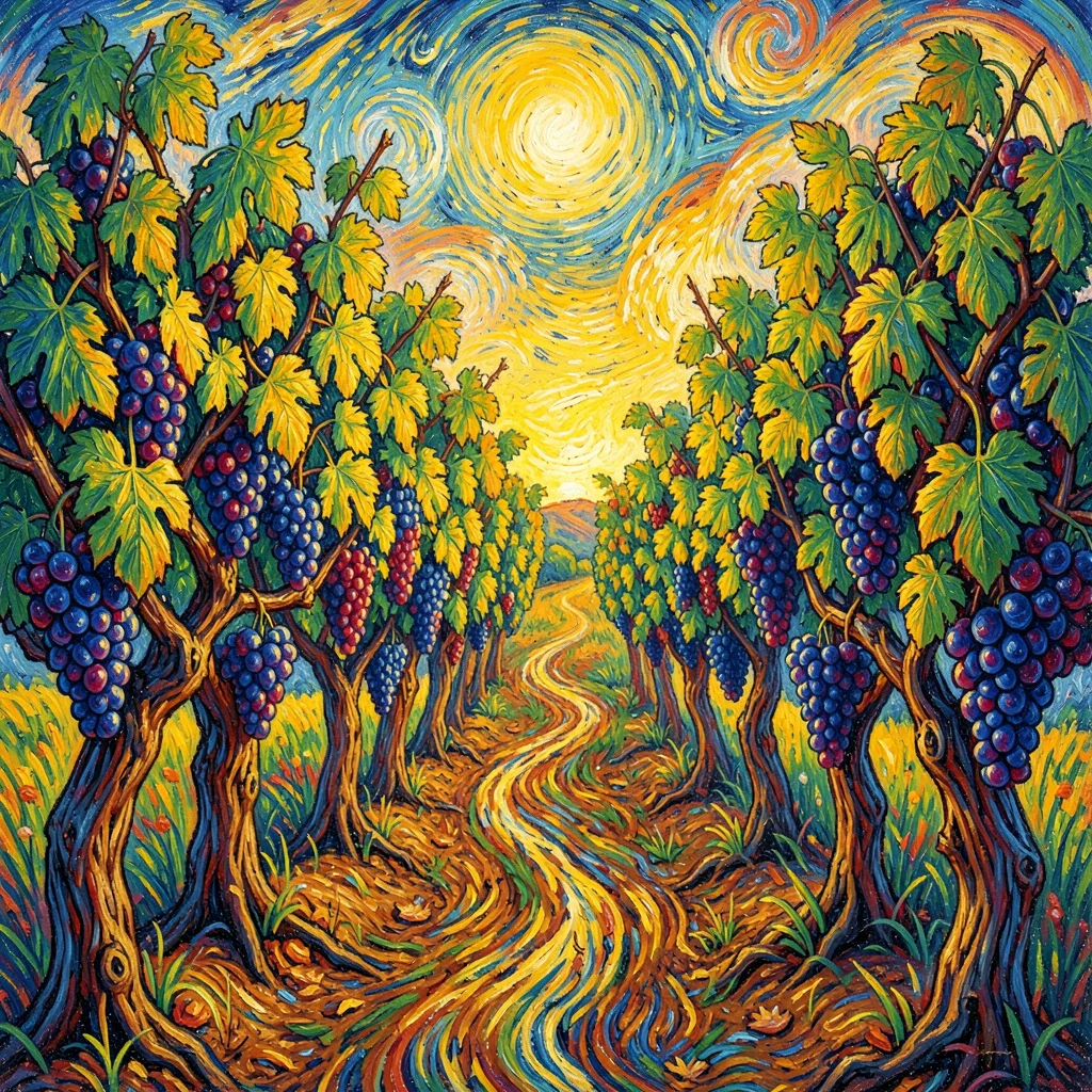 Post-impressionist Provençal intensity, emotional saturated color, Grape vines h