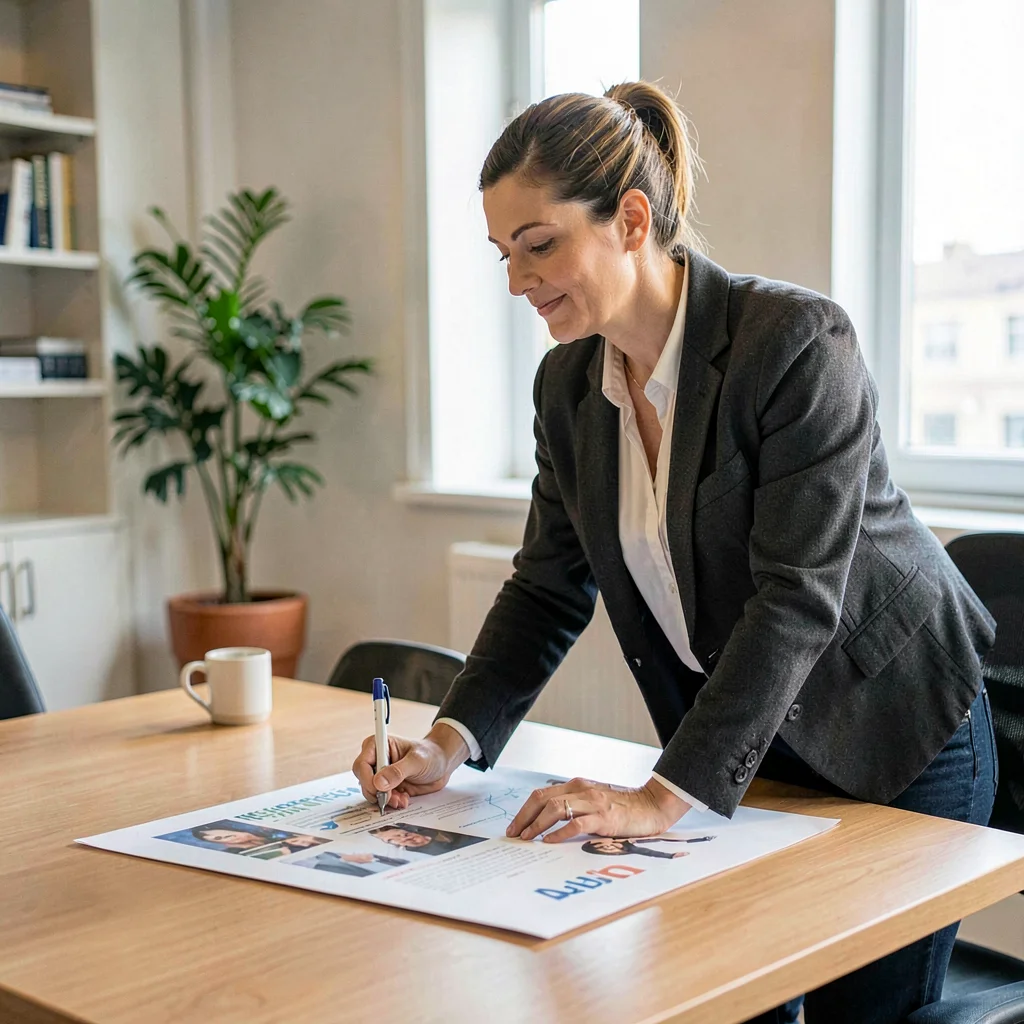 Side portrait of a marketing lead leaning over a poster mockup on a meeting tabl