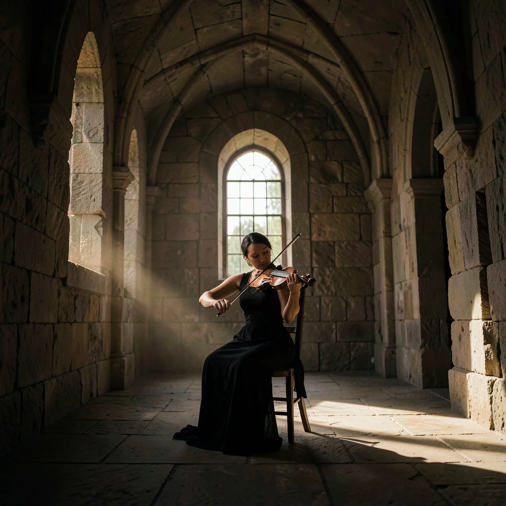 Dramatic natural light streaming through stone openings, deep chiaroscuro shadow