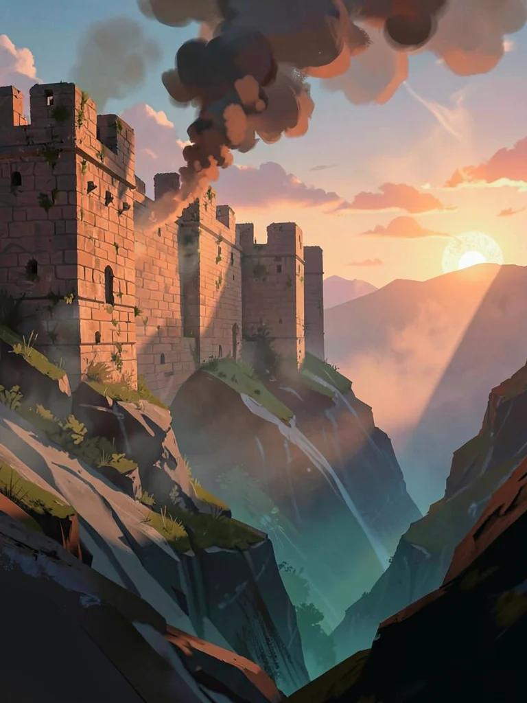 Hushed ruined fort wall at sunset, single shaft through cannon-smoke, warm coral