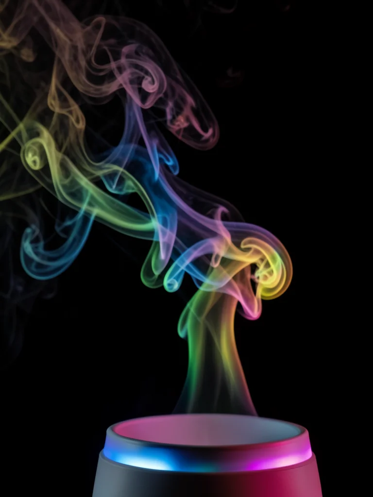 Vapor from a humidifier illuminated by a color-changing LED, the mist cycling th