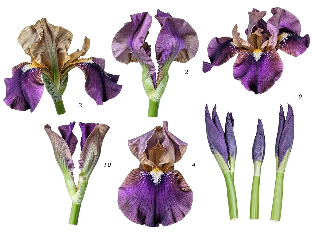 An iris completely dissected and arranged taxonomically, petals separated from s