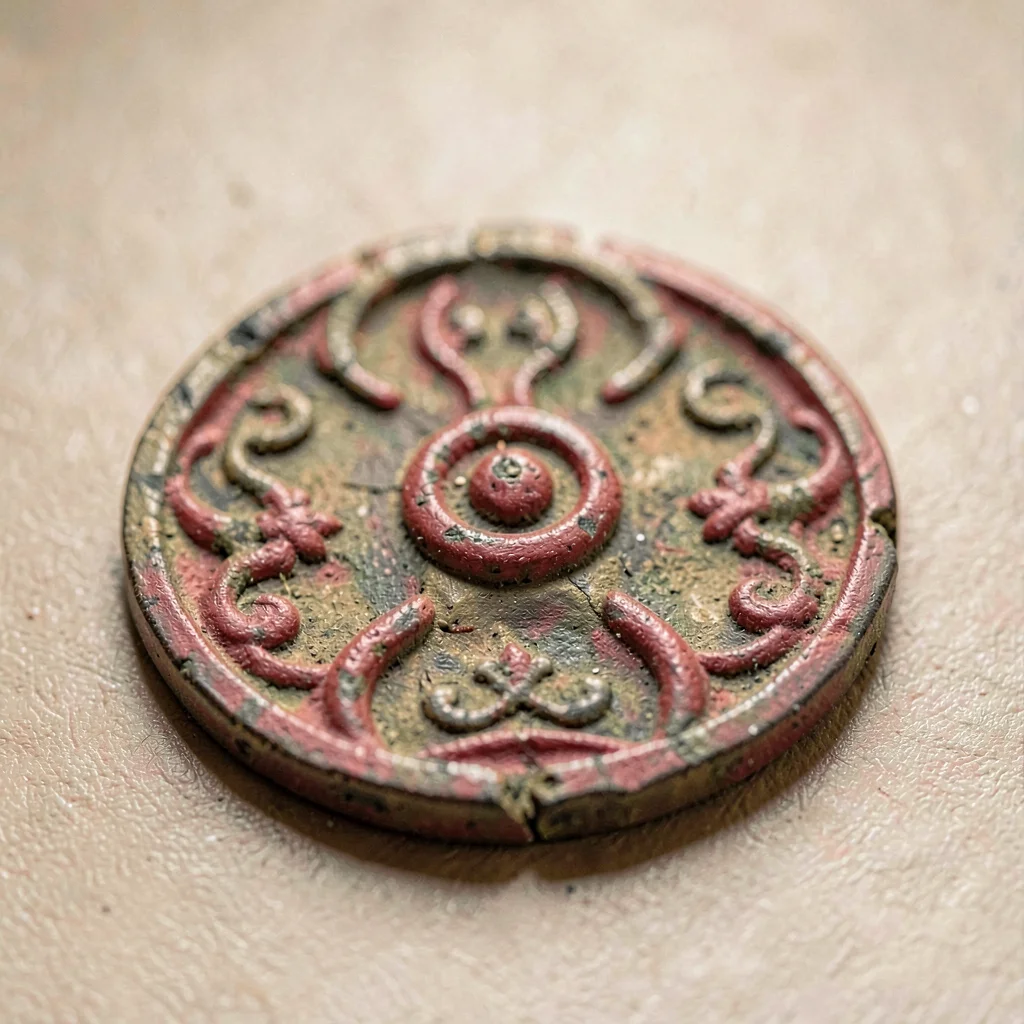 Macro of a worn medallion motif in soft browns and reds, pile slightly compresse