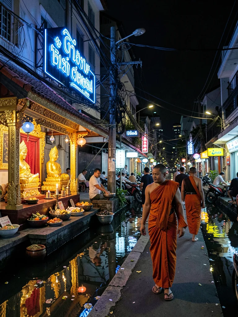 Monk passing blue neon at night