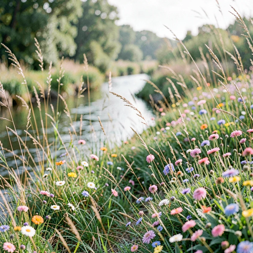 riverside wildflowers and tall grasses, botanical study