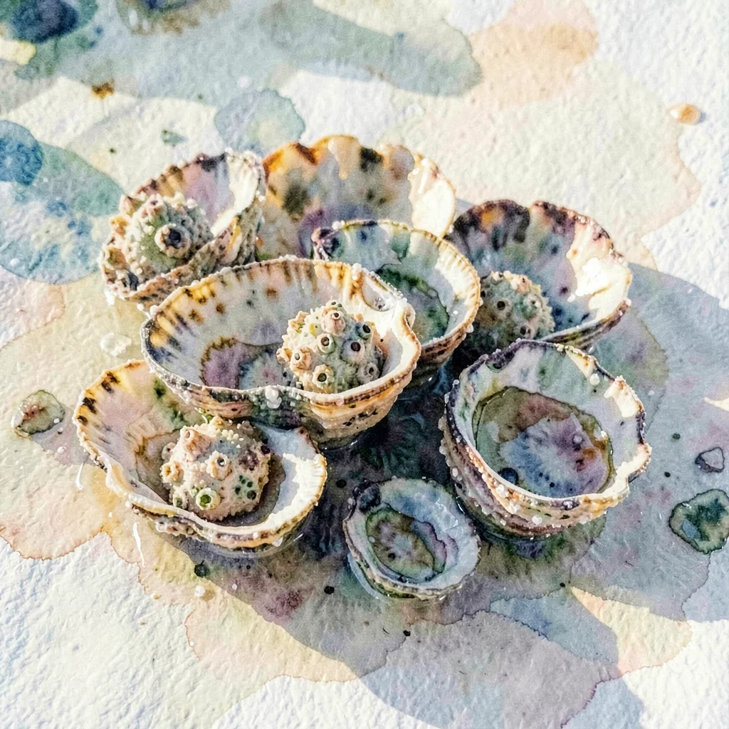 Macro of an oyster bed cluster in shallow water, mineral textures and barnacle c