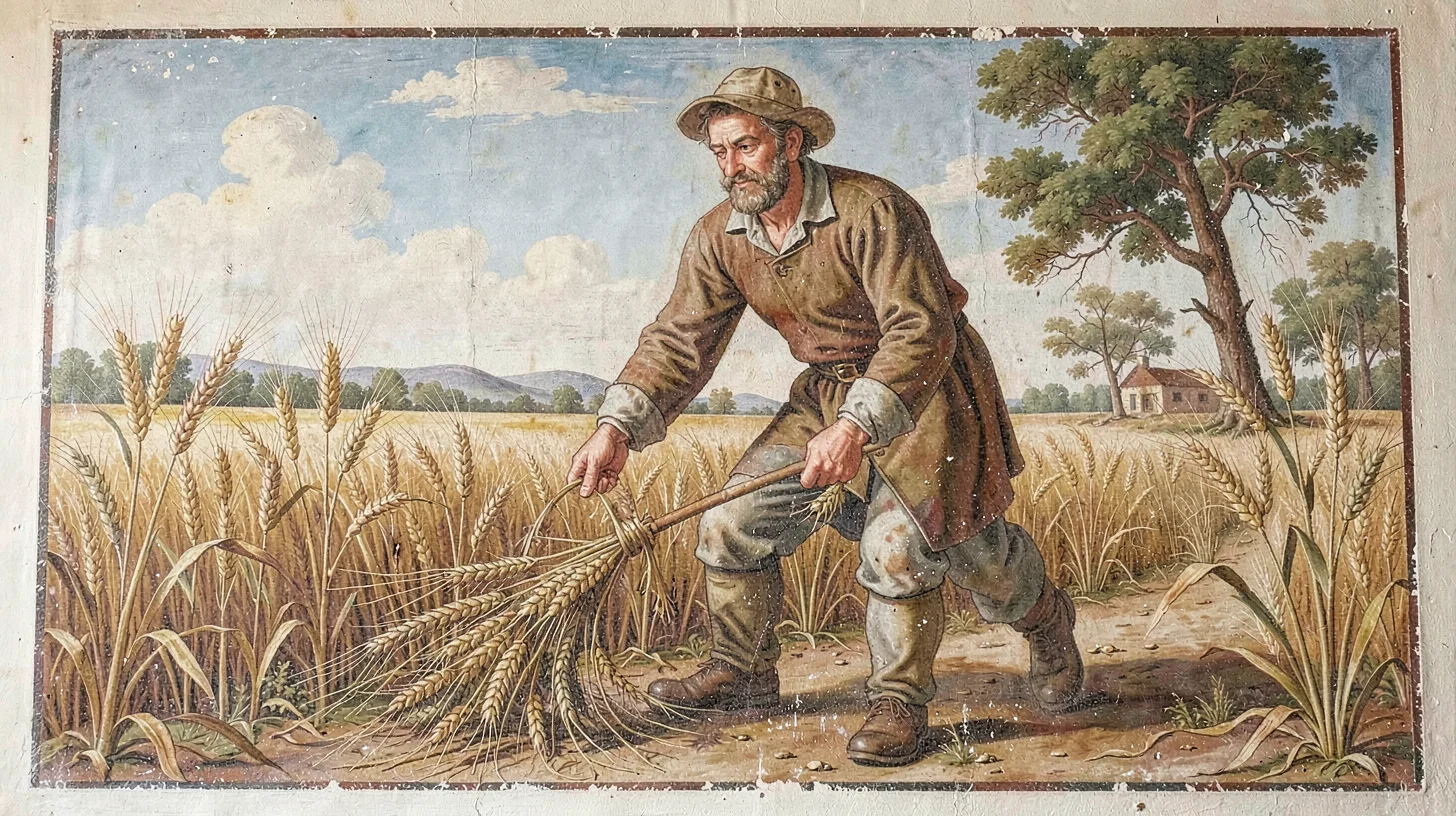 Fresco-style illustration, farmer harvesting wheat , painted into wet plaster, p