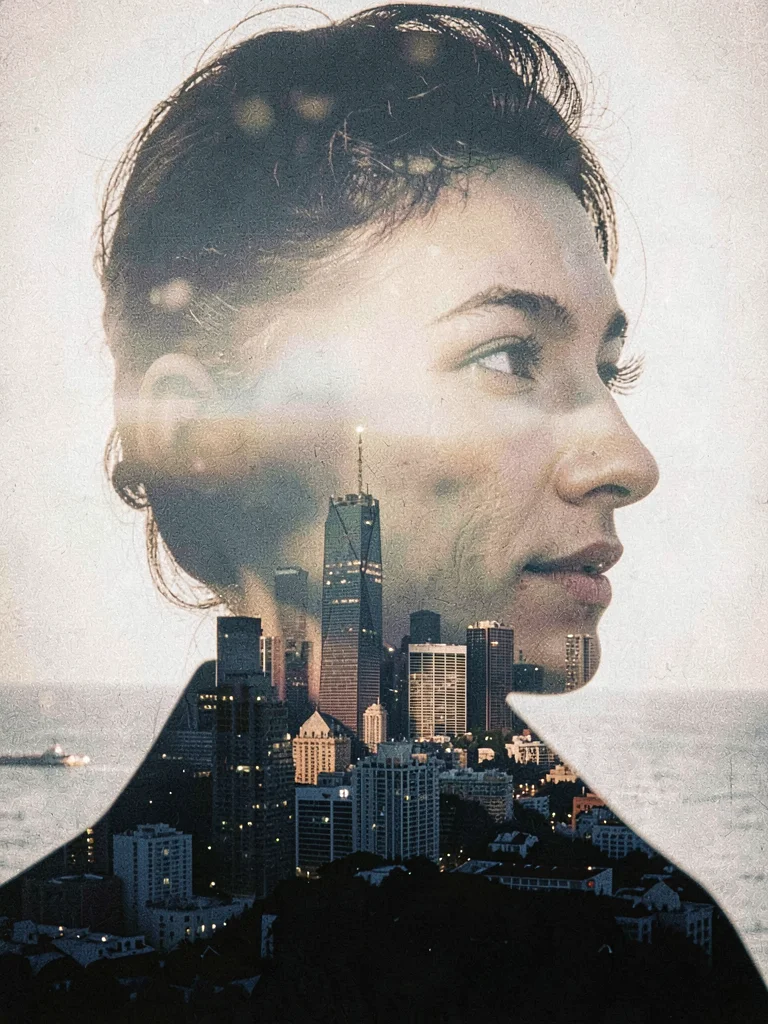 City skyline through face silhouette