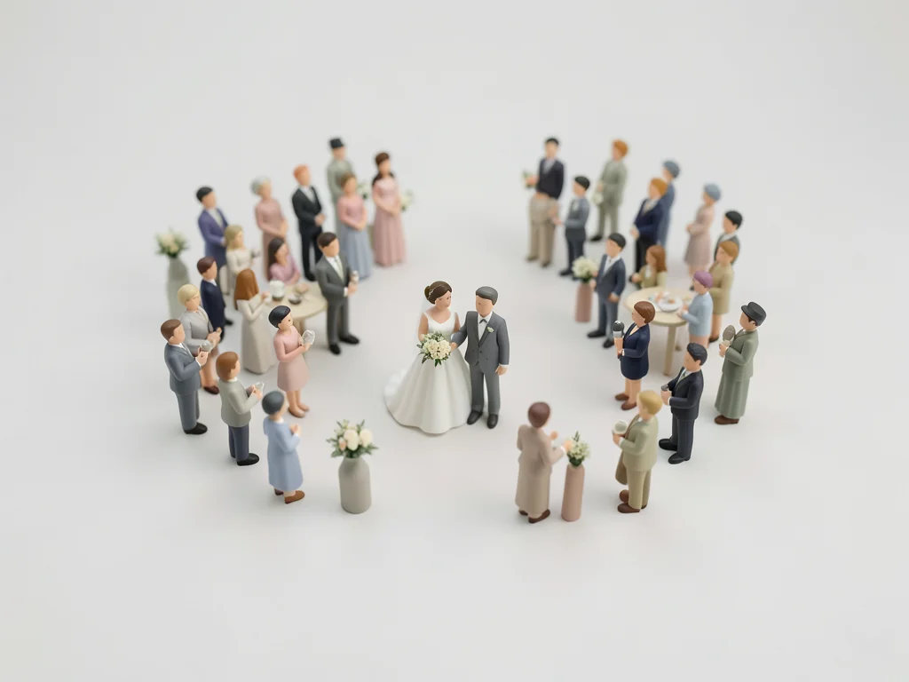 Wedding ceremony from drone above, tilt-shift, toy-like guests and couple