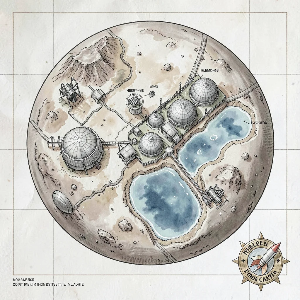 A jovian moon mining outpost map with surface domes, methane-lake harbors in pal