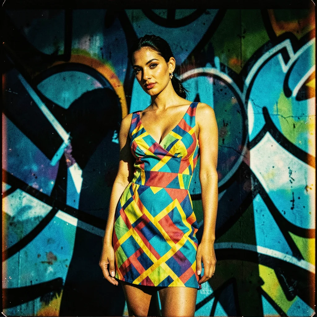 Cross-processed slide film photograph, Fashion model in bold geometric print dre