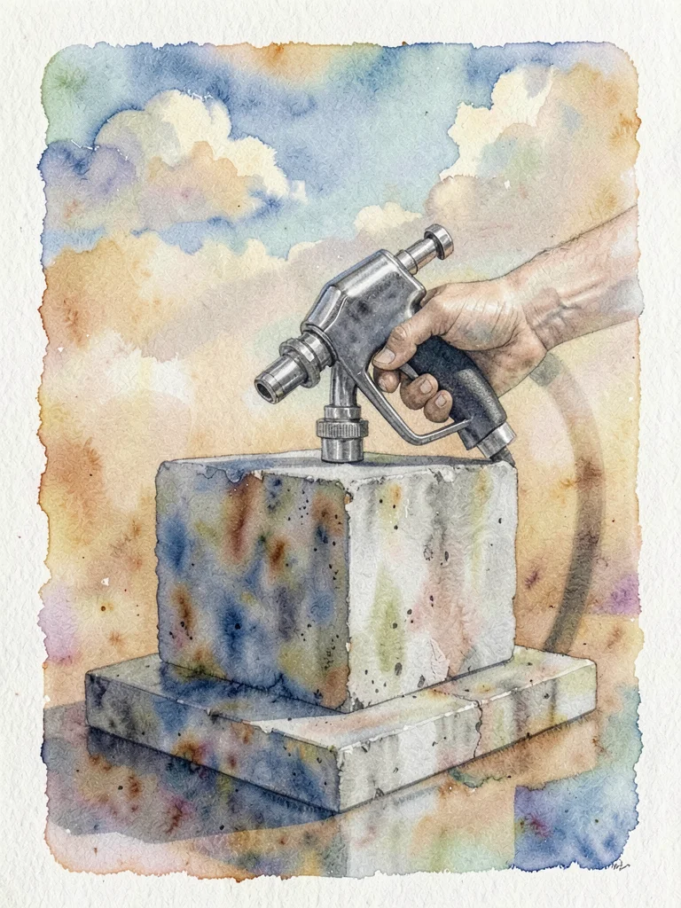 Gas pump nozzle in hand against concrete island, chrome reflecting sky, ochre si