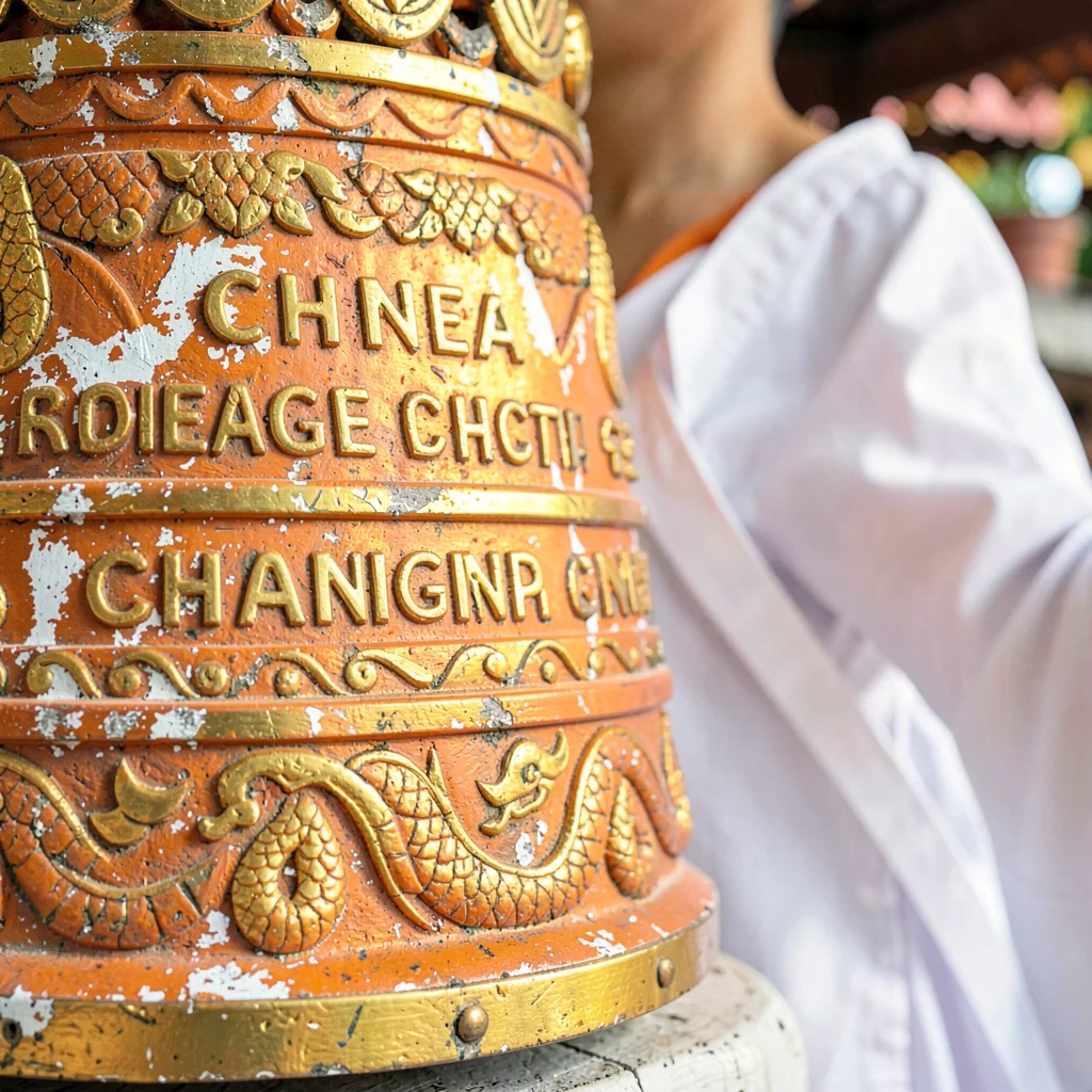 Lanna temple detail, Chiang Mai sacred ornament, temple bell detail with inscrip