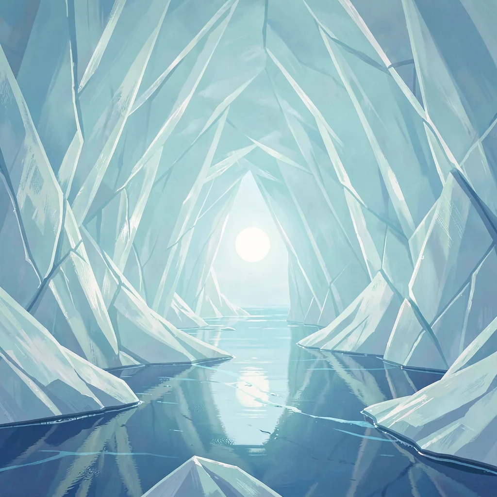 Inside a translucent ice cave, soft pale cyan glow saturates every surface evenl