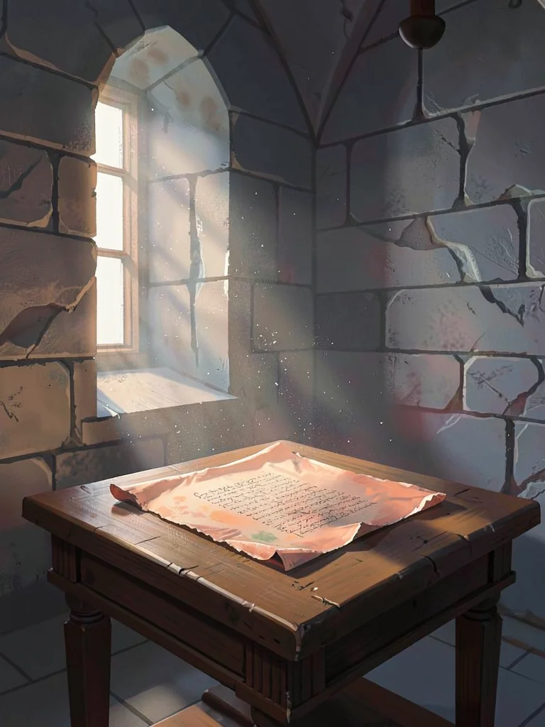 Monastic scriptorium with a slim window shaft on a manuscript desk, warm peach o