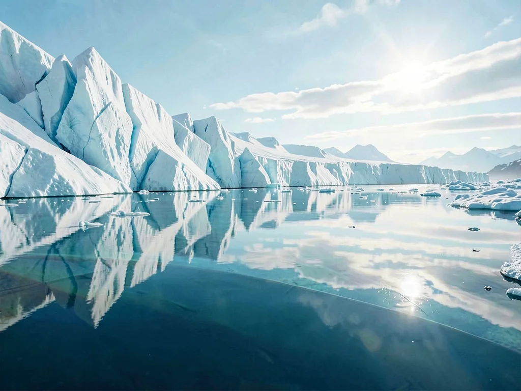 A shallow meltwater layer films the top of a glacier, mirroring the sky so clean