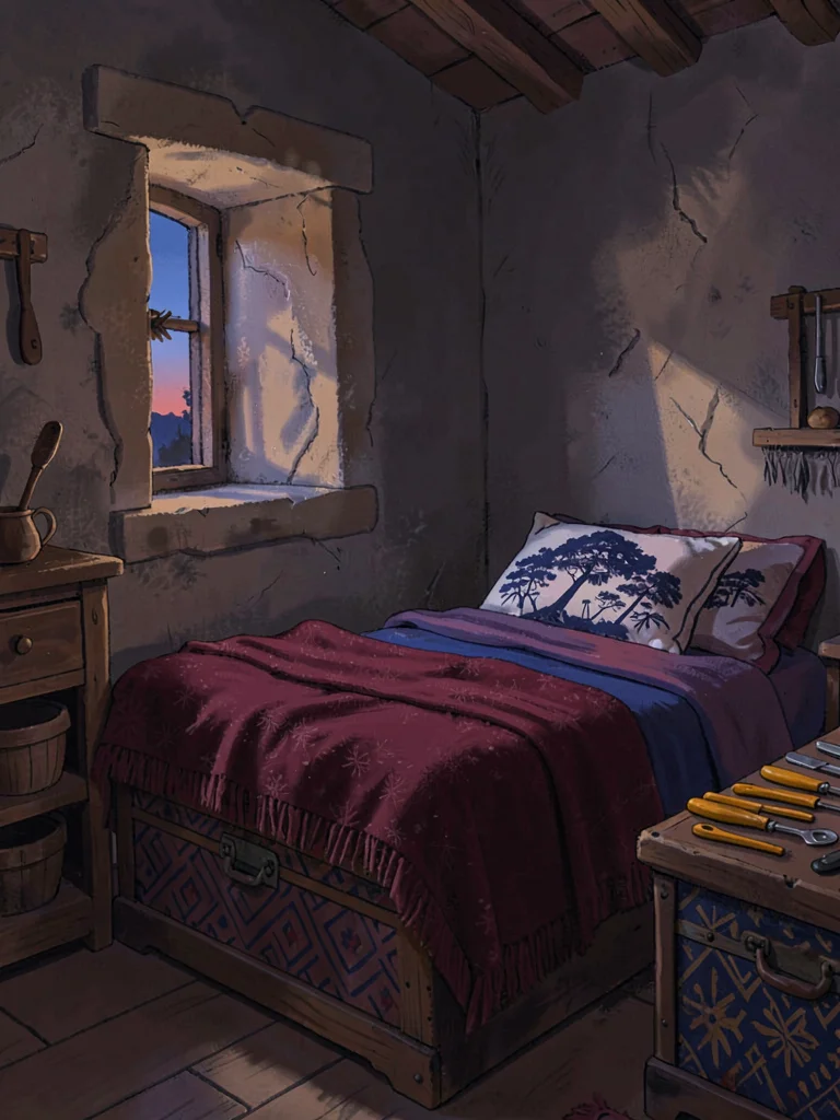 Rough-hewn artisan workshop bedroom at dusk with one small arrow-slit window, ga
