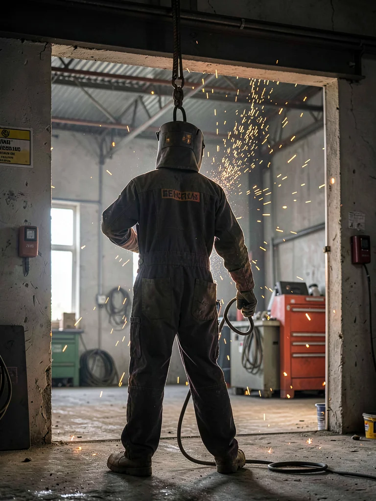 Welder lifting mask in doorway of warehouse, entire form backlit, sparks still f