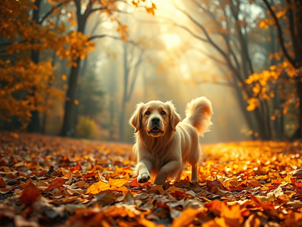 A breathtaking surreal landscape, dreamlike atmosphere,. a golden retriever playing in autumn leaves. , painted with ric