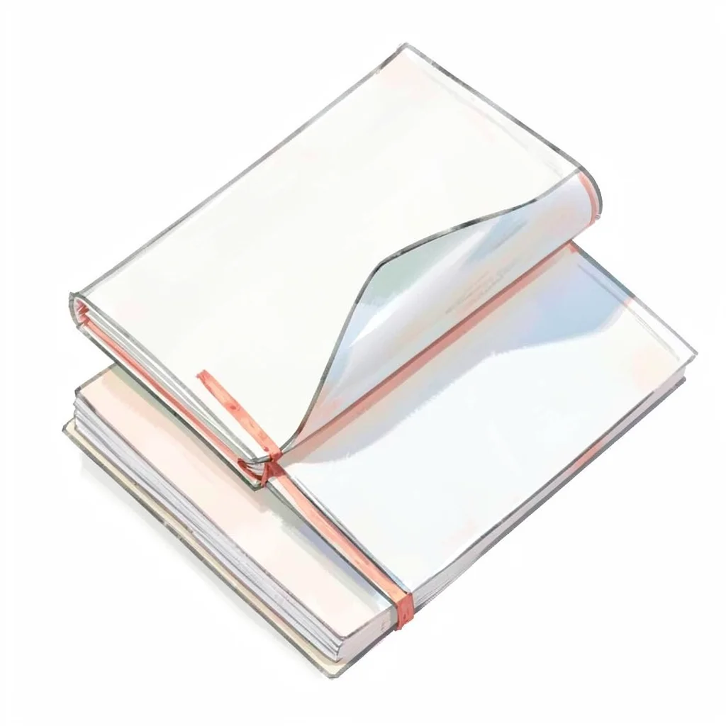 Stacked trio of translucent notebook pages offset diagonally, top sheet curling 