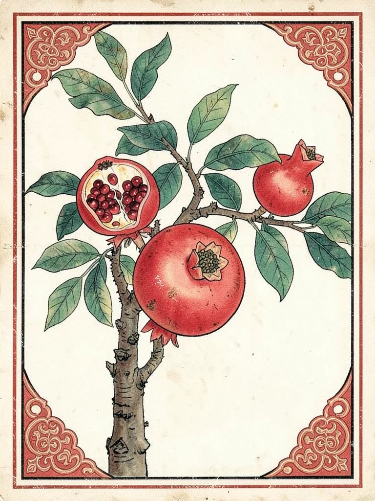 Pomegranate branch showing open fruit revealing seeds, auspicious abundance
