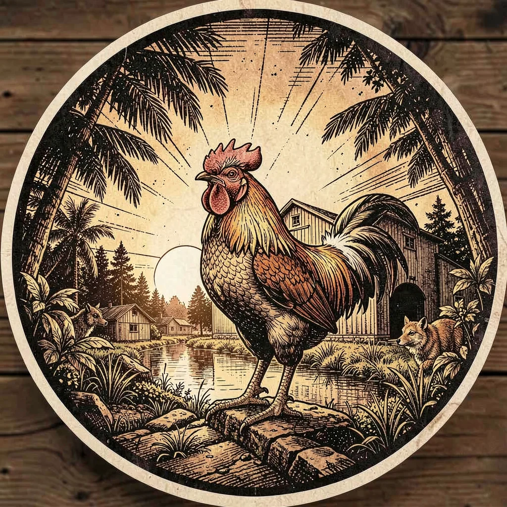 Craft beer label illustration, Rooster crowing at dawn over brewery , brewery la